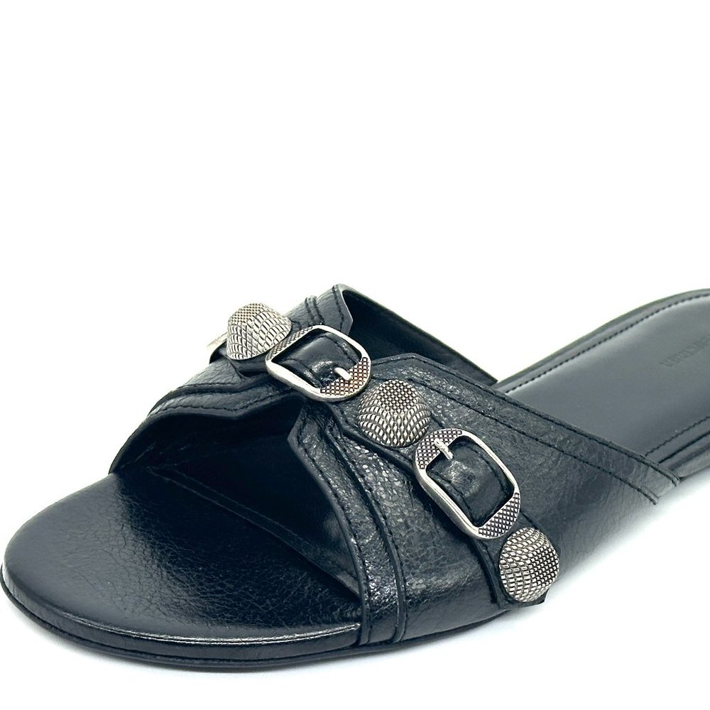BALENCIAGA Cagole Studded Buckled Arena Leather Flat Slides Mules Sandals - Picture 6 of 16